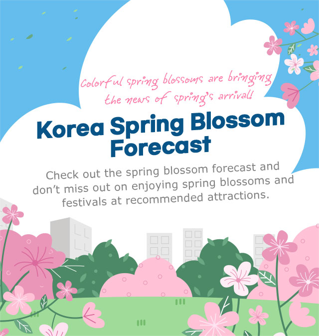 Colorful spring blossoms are bringing the news of spring’s arrival! Korea Spring Blossom Forecast Check out the spring blossom forecast and don’t miss out on enjoying spring blossoms and festivals at recommended attractions.